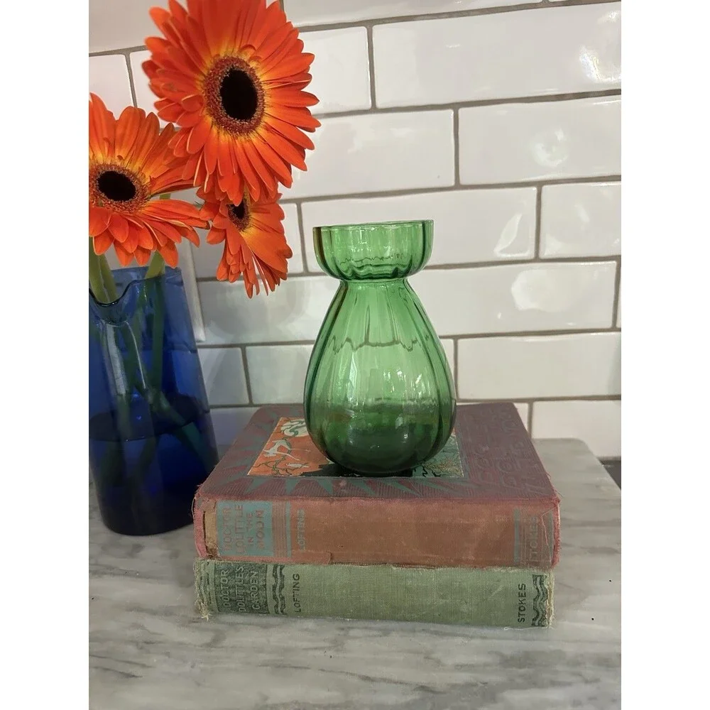 Beautiful Vintage Emerald Green Optic Glass Hyacinth FORCING VASE 6